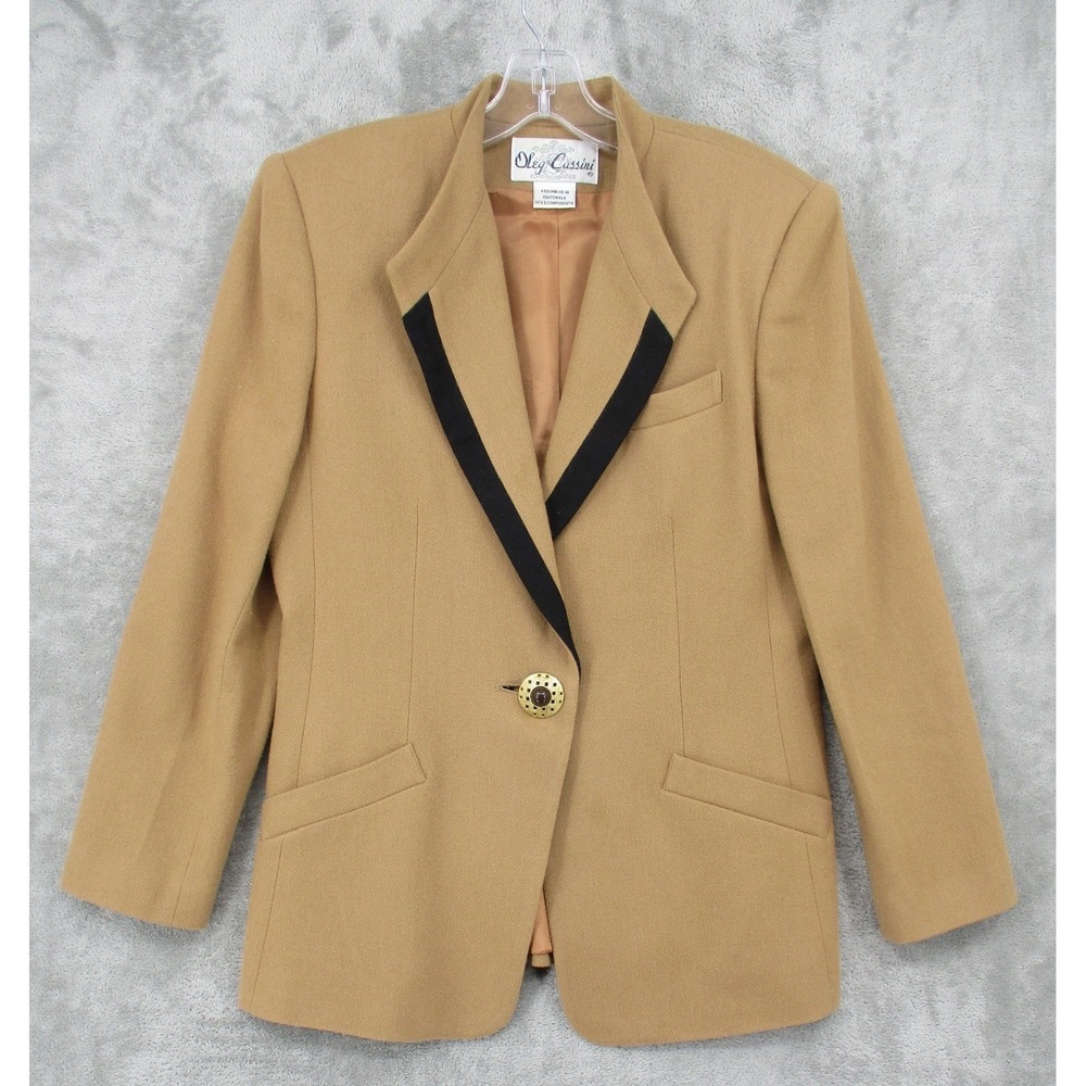 Vintage Oleg Cassini Blazer Womens Size L Wool Career Quiet Luxury Button Camel